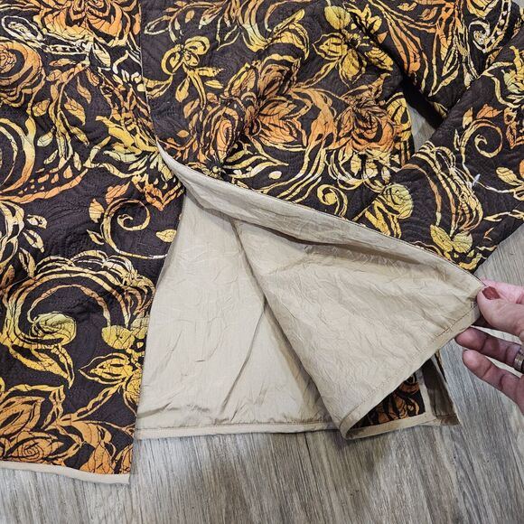 Vtg Laura Ashley Quilted Silk Jacket Womens M Brown Orange Floral Boho Cottage - Picture 4 of 8